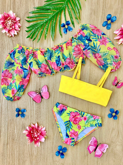 Cute Toddler Swimwear | Little Girls Calico Print Three Piece Swimsuit