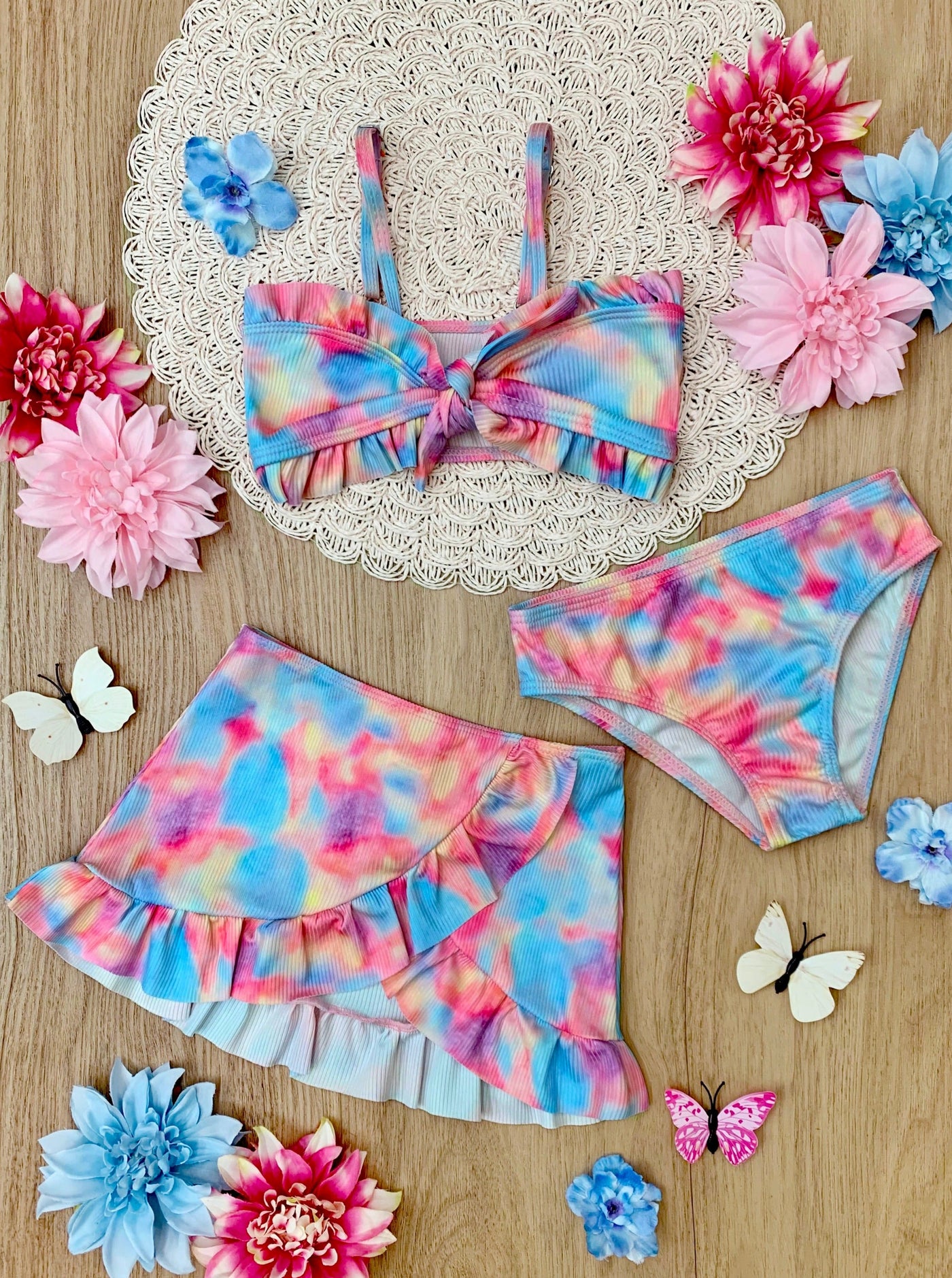 Kids Swimwear | Tie-Dye Pastel Rainbow Ruffle Three Piece Swimsuit