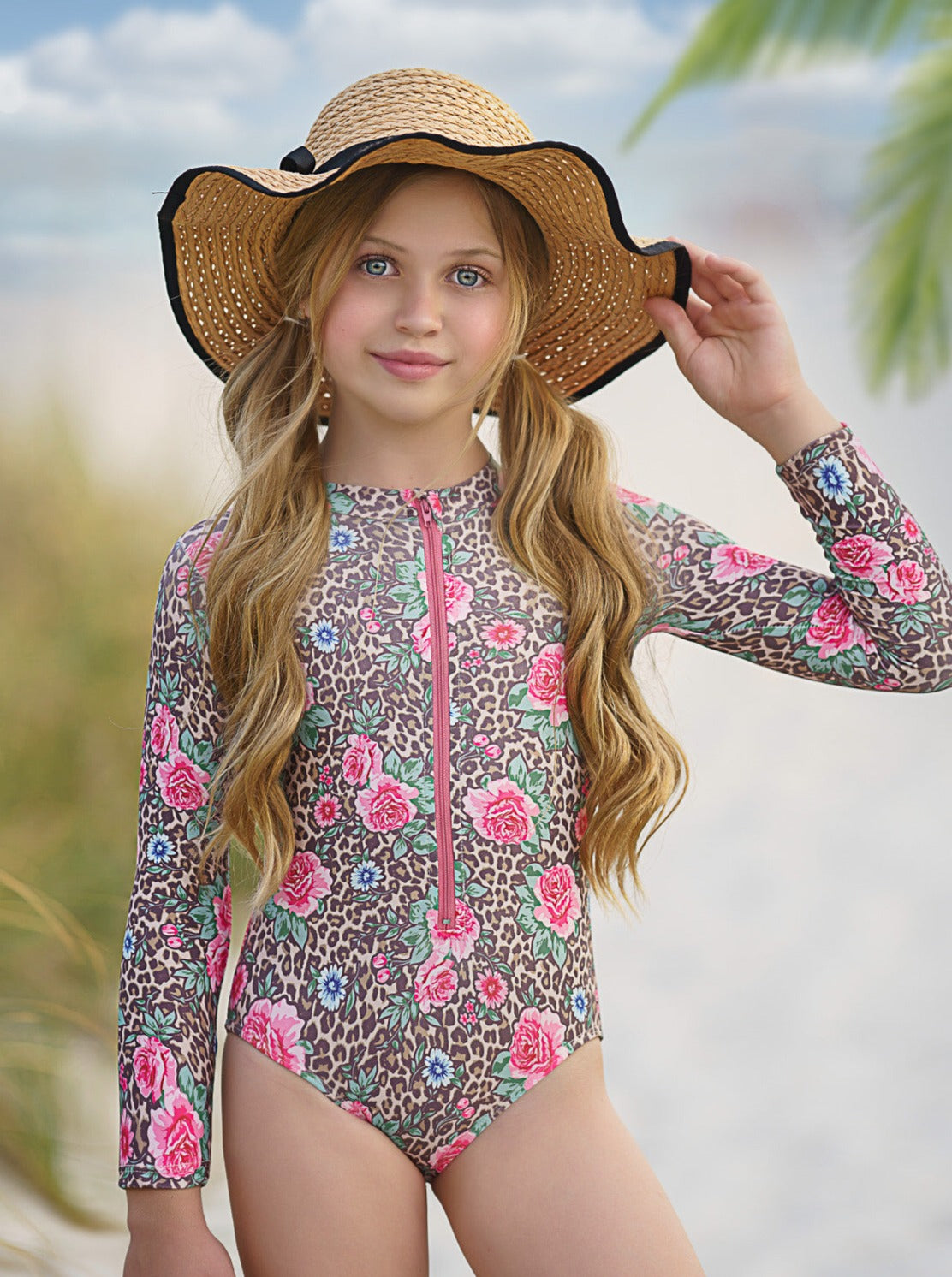 Toddler Swimwear | Girls Leopard Floral Rash Guard One Piece Swimsuit