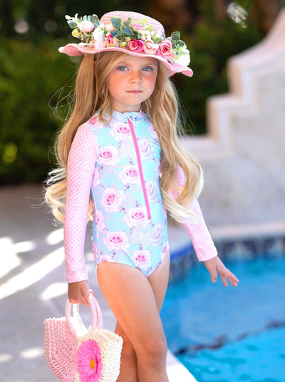 Toddler Swimwear | Little Girls Floral Rash Guard One Piece Swimsuit