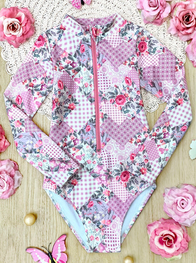 Toddler Swimwear | Girls Pink Floral Patchwork One Piece Swimsuit