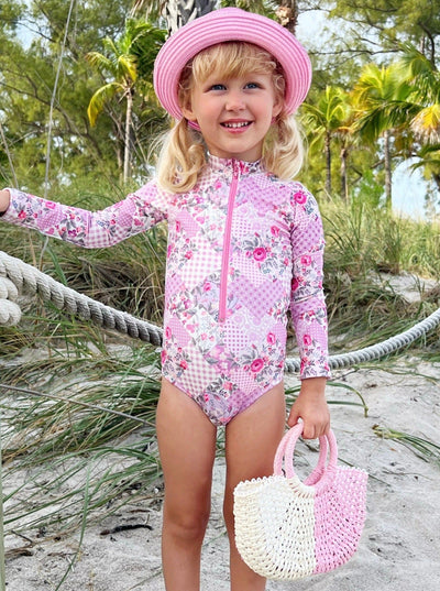 Toddler Swimwear | Girls Pink Floral Patchwork One Piece Swimsuit