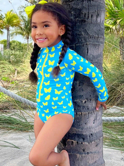 Toddler Swimwear | Girls Butterfly Rash Guard One Piece Swimsuit