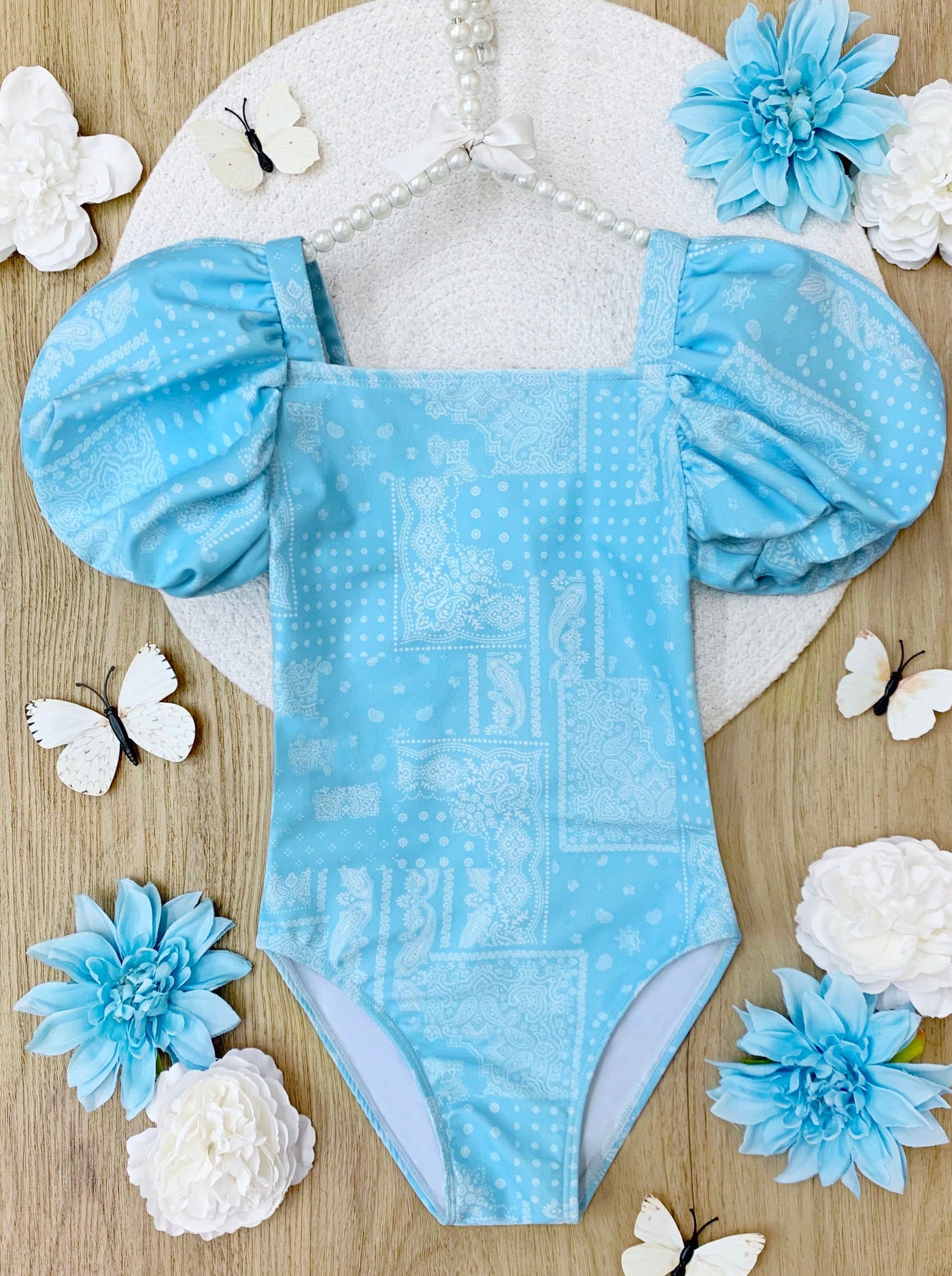 Cool Vibes Paisley Puff Sleeve One Piece Swimsuit - Mia Belle Girls