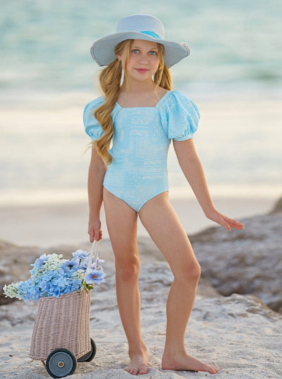 Cool Vibes Paisley Puff Sleeve One Piece Swimsuit - Mia Belle Girls