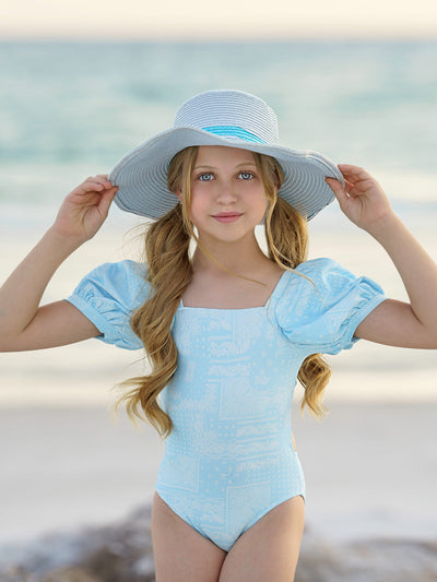 Cool Vibes Paisley Puff Sleeve One Piece Swimsuit - Mia Belle Girls
