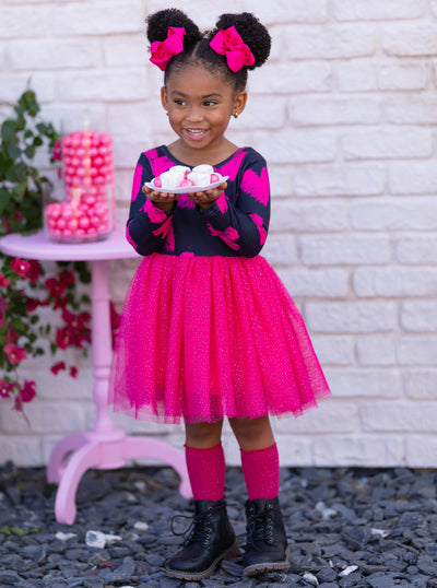 Valentines Day Outfits | Girls Heart Print Sparkle Glitter Tutu Dress