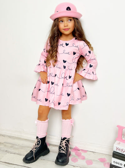 Valentines Day Outfits | Love Print Long Sleeve Dress | Girls Boutique
