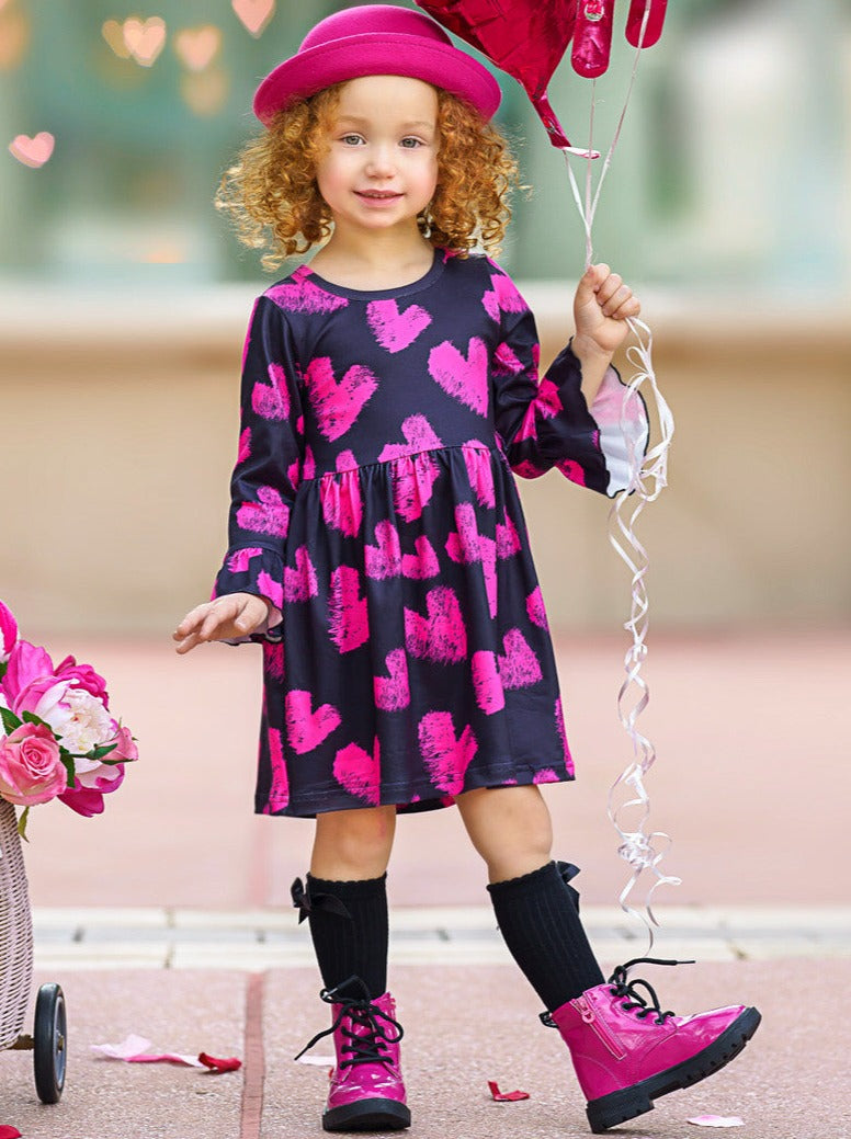 Valentines Day Outfits | Girls Chalk Heart Print Long Sleeve Dress