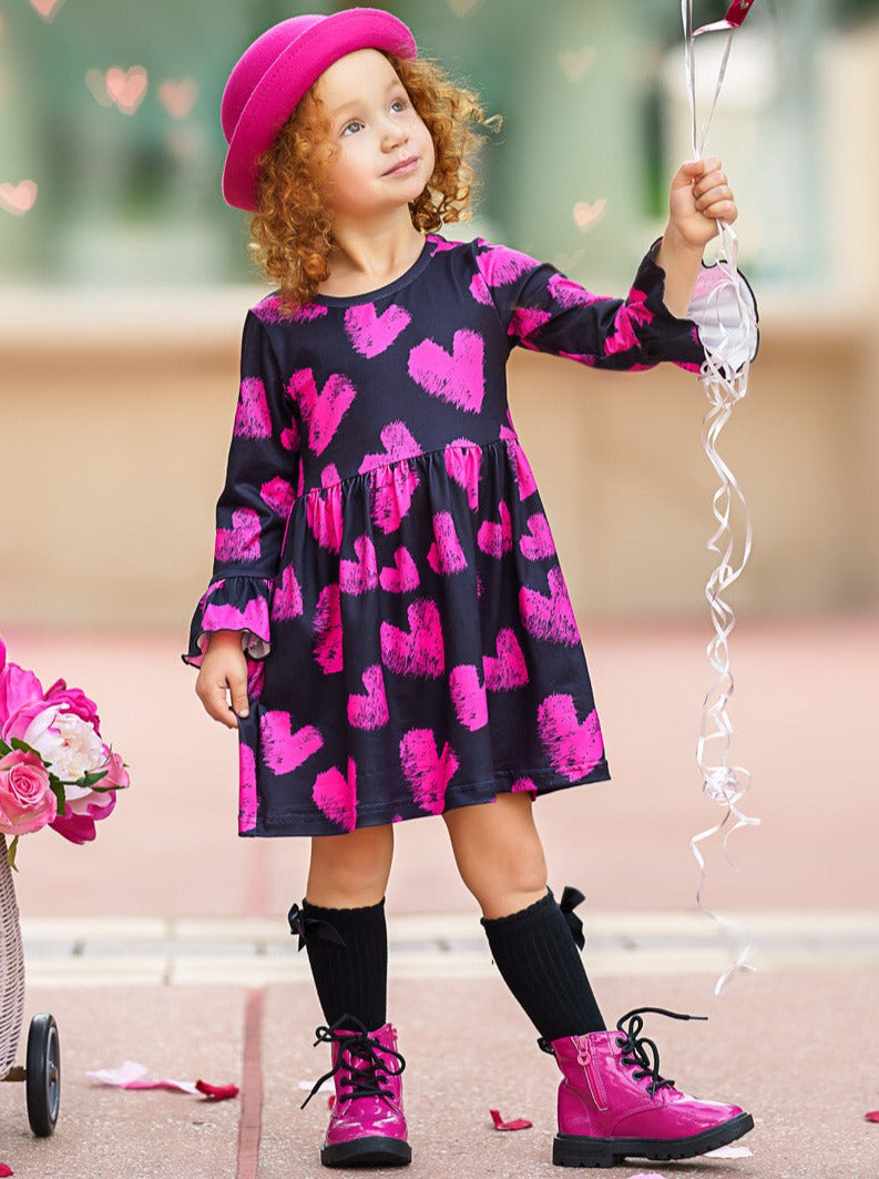 Valentines Day Outfits | Girls Chalk Heart Print Long Sleeve Dress