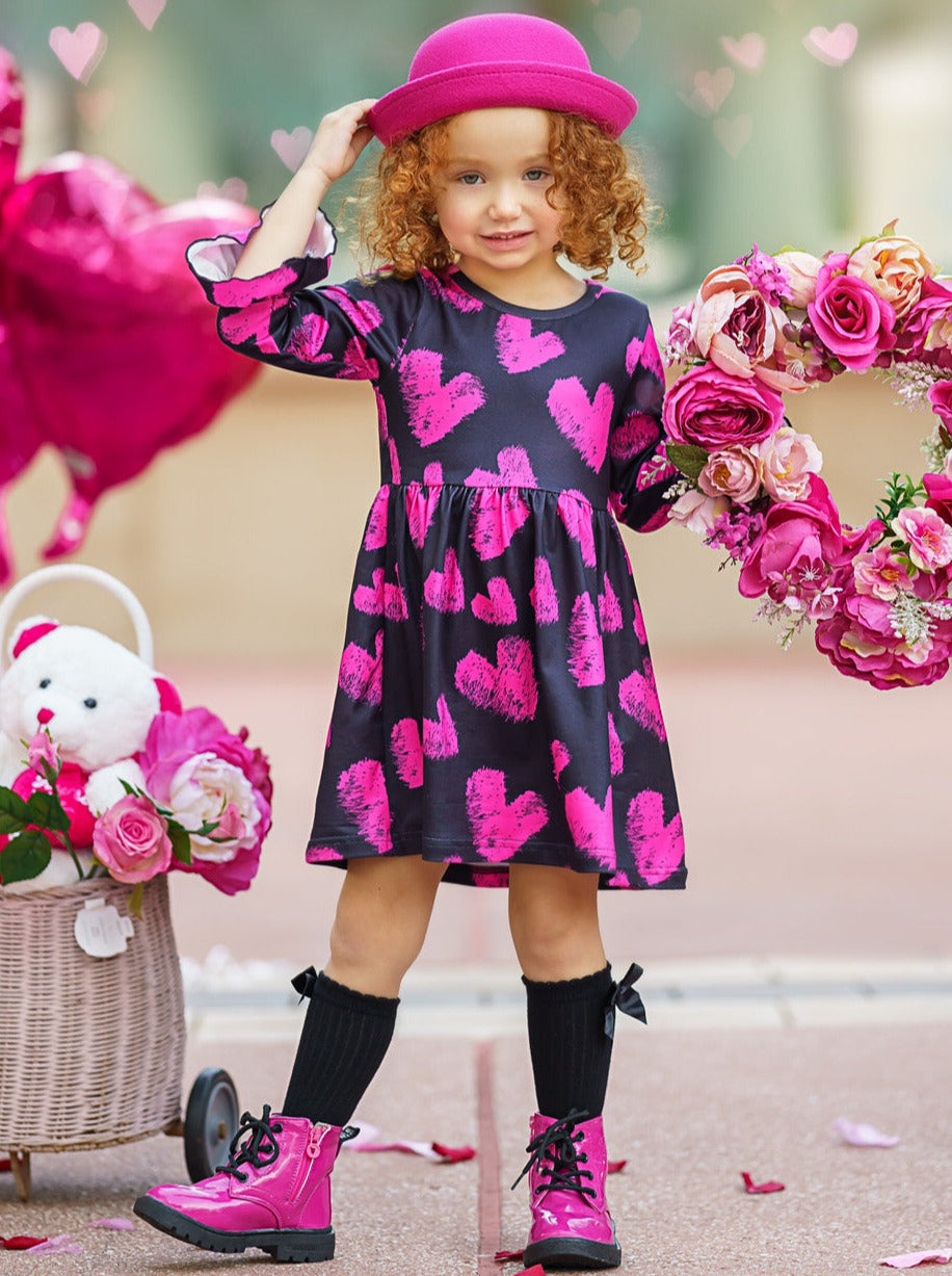 Valentines Day Outfits | Girls Chalk Heart Print Long Sleeve Dress
