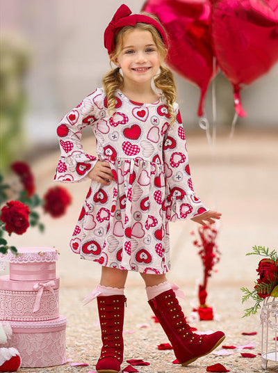 Valentines Day Outfits | Girls Heart Button Print Long Sleeve Dress