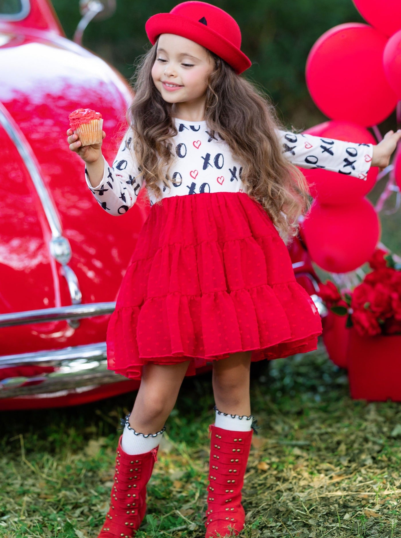 Toddler Valentine's Outfits| Long Sleeve XOXO Swiss Tulle Ruffle Dress