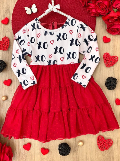 Toddler Valentine's Outfits| Long Sleeve XOXO Swiss Tulle Ruffle Dress