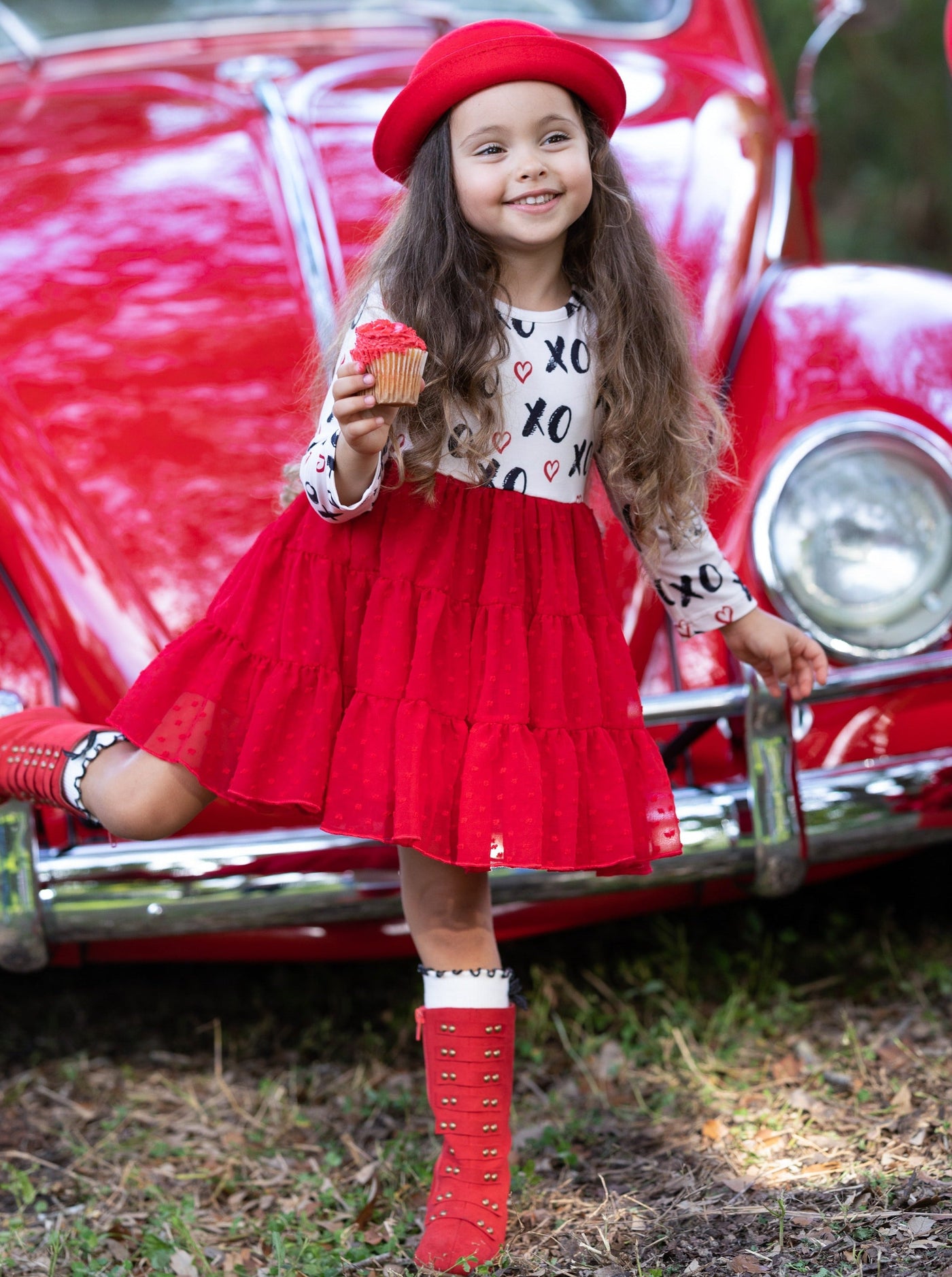 Toddler Valentine's Outfits| Long Sleeve XOXO Swiss Tulle Ruffle Dress