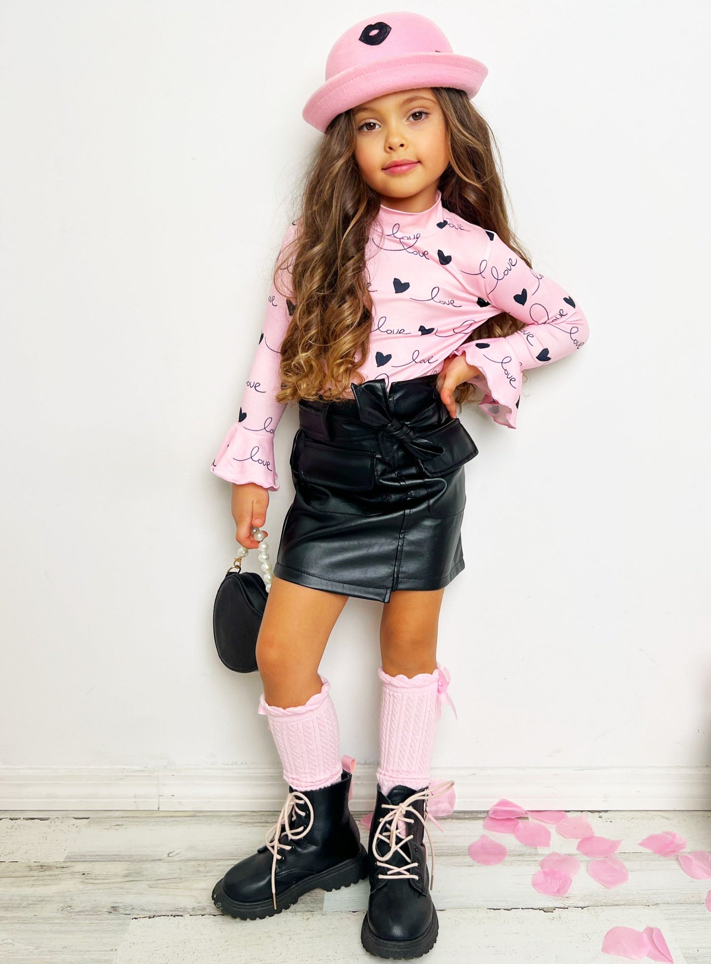 Love Is In The Air Long Sleeve Pocket Skirt Set - Mia Belle Girls