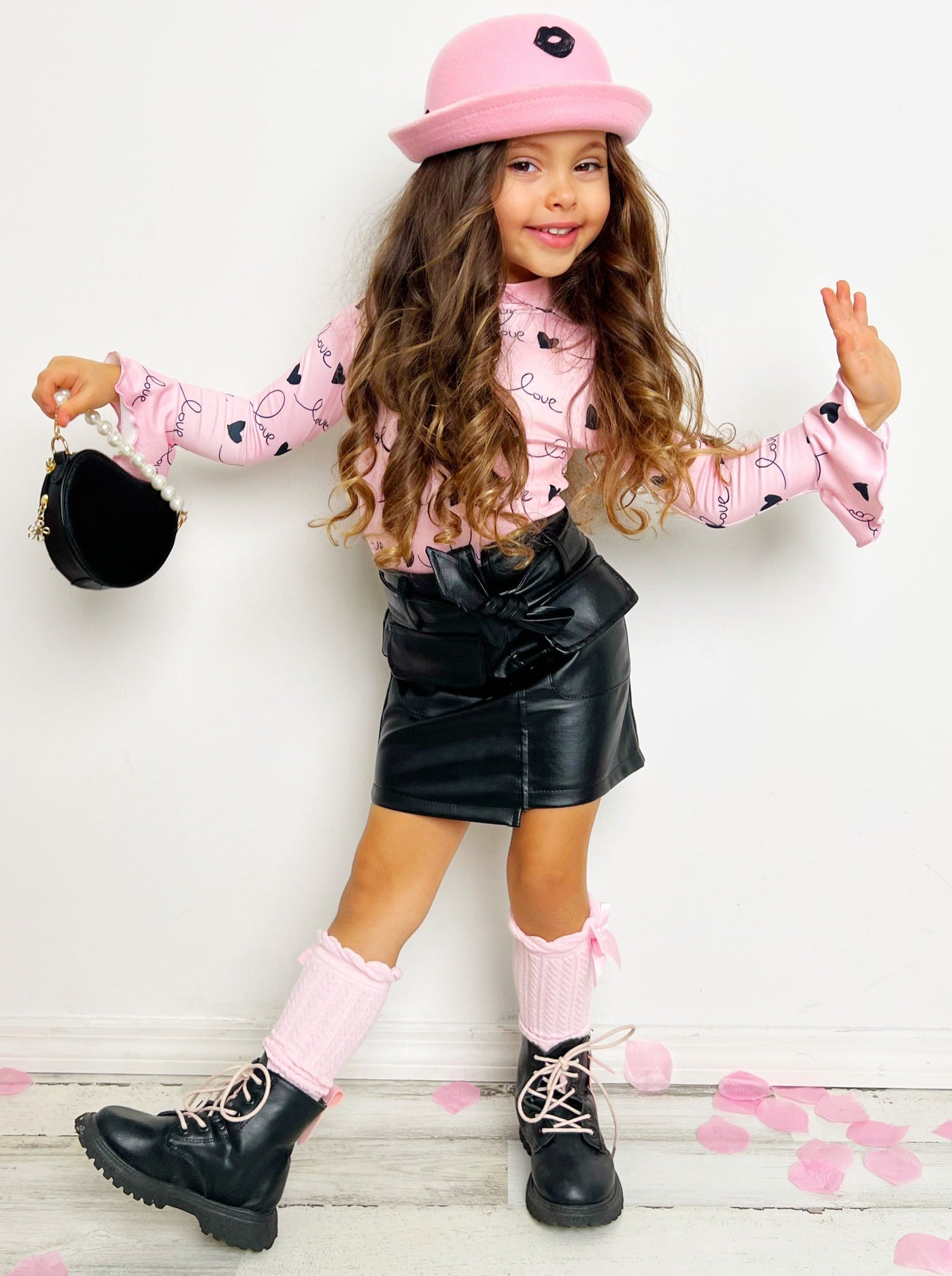 Love Is In The Air Long Sleeve Pocket Skirt Set - Mia Belle Girls