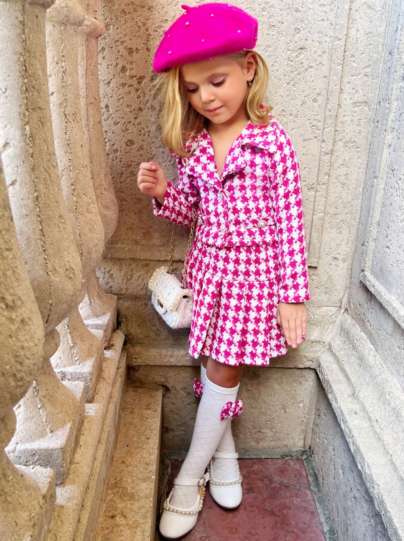 Winter Dressy Sets | Girls Pink Houndstooth Blazer & Pleated Skirt Set