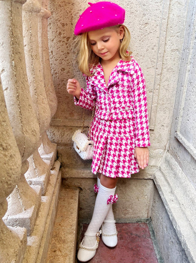 Winter Dressy Sets | Girls Pink Houndstooth Blazer & Pleated Skirt Set