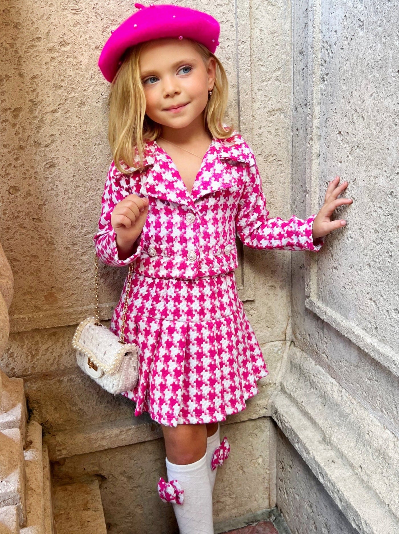 Winter Dressy Sets | Girls Pink Houndstooth Blazer & Pleated Skirt Set