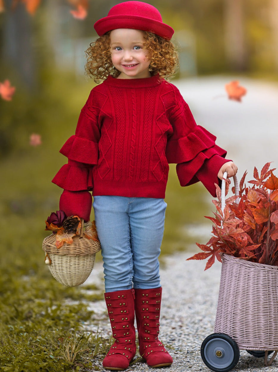 Cute Fall Sweaters | Girls Red Three Tiered Sleeve Cable Knit Sweater