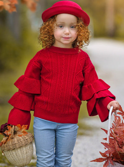 Cute Fall Sweaters | Girls Red Three Tiered Sleeve Cable Knit Sweater