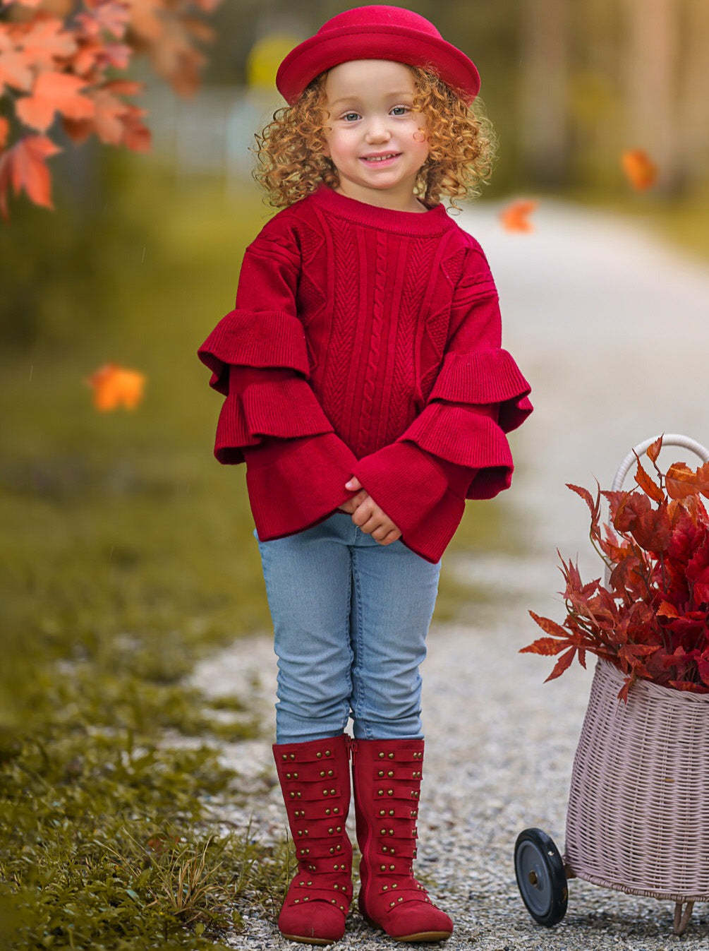 Cute Fall Sweaters | Girls Red Three Tiered Sleeve Cable Knit Sweater