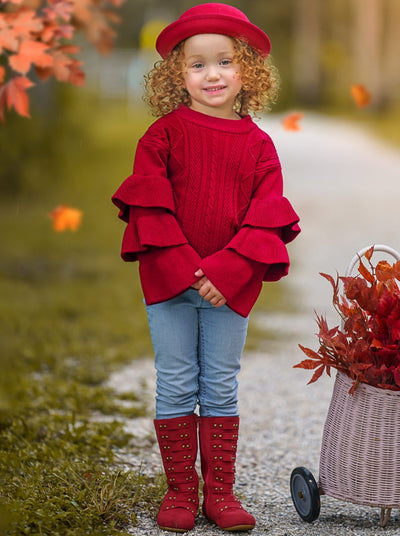 Cute Fall Sweaters | Girls Red Three Tiered Sleeve Cable Knit Sweater