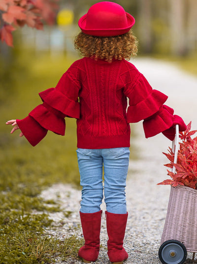 Berry Red Tiered Sleeve Cable Knit Sweater