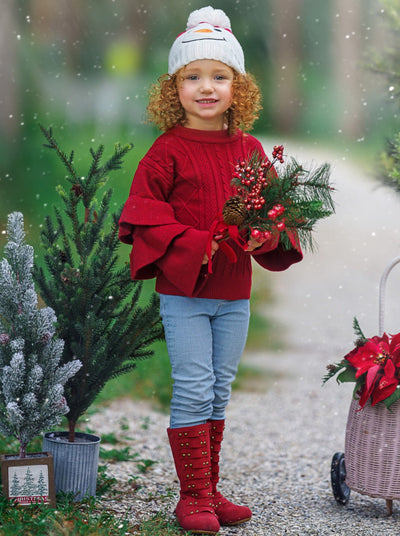 Cute Fall Sweaters | Girls Red Three Tiered Sleeve Cable Knit Sweater