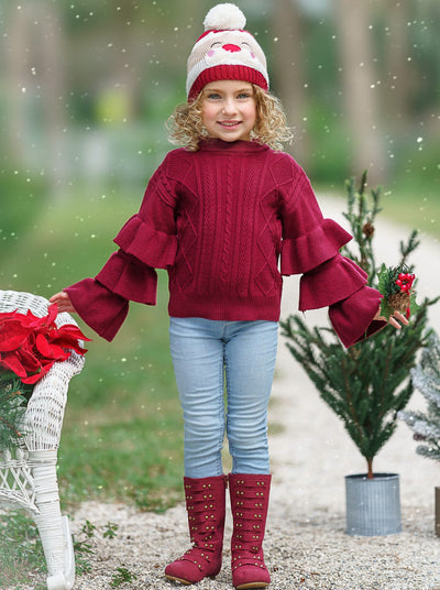 Cute Fall Sweaters | Girls Burgundy Tiered Sleeve Cable Knit Sweater