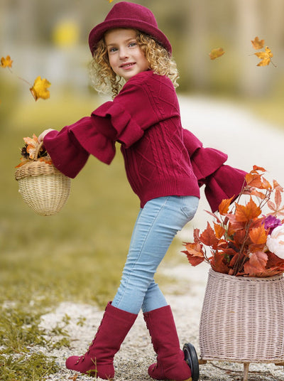 Cute Fall Sweaters | Girls Burgundy Tiered Sleeve Cable Knit Sweater