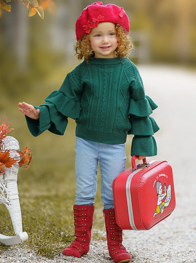 Cute Fall Sweaters | Girls Green Three Tiered Sleeve Cable Knit Sweater