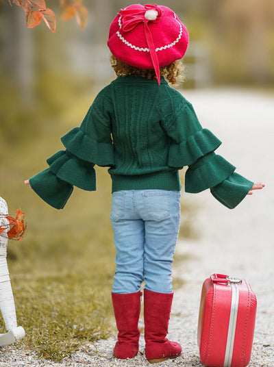 Cute Fall Sweaters | Girls Green Three Tiered Sleeve Cable Knit Sweater