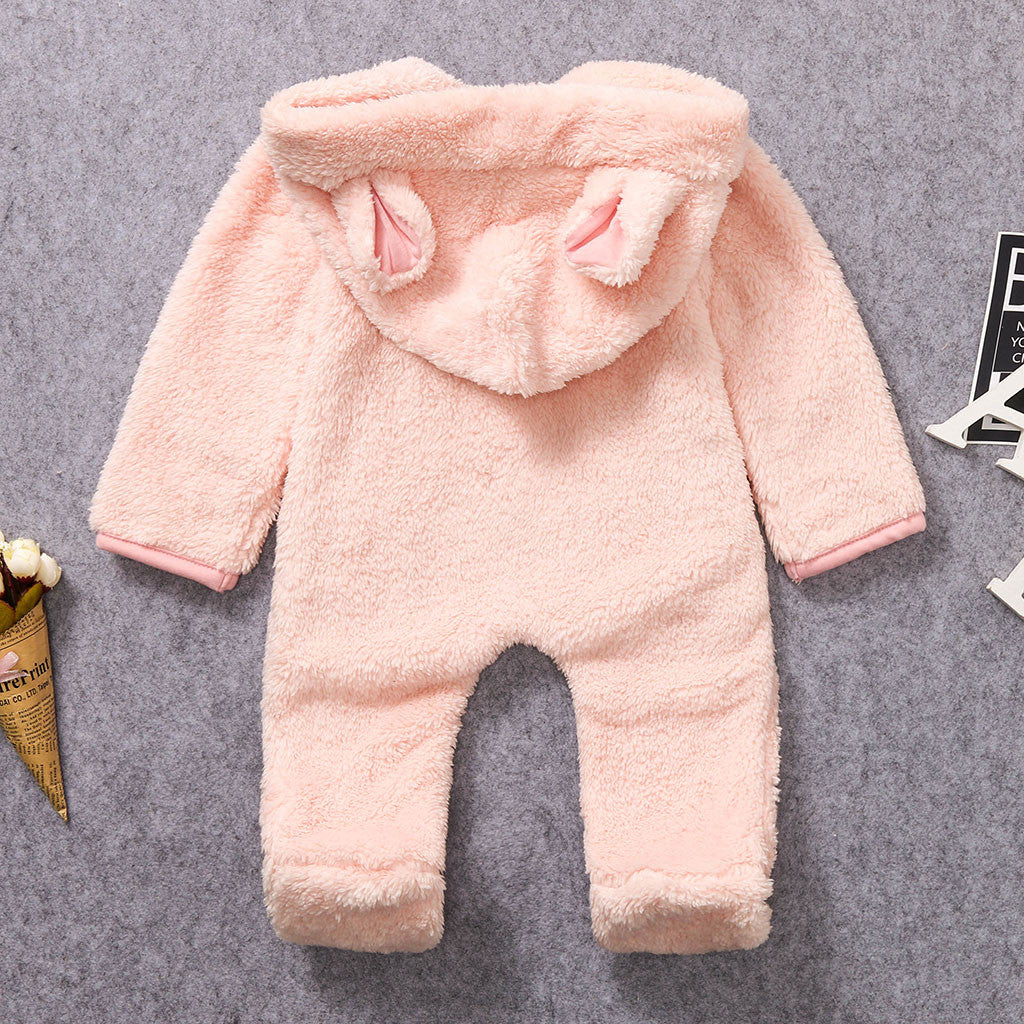 Baby hooded jumpsuit/onesie with little ears on the hood, front zipper closure, and footies