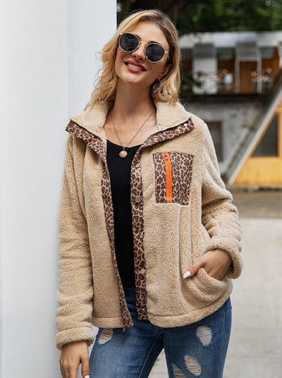 Women's Leopard Lined Plush Button Down Cardigan Beige