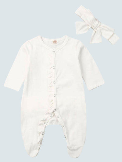 Baby Ready To Play Ruffle Jumpsuit Onesie With Bow Headband Set