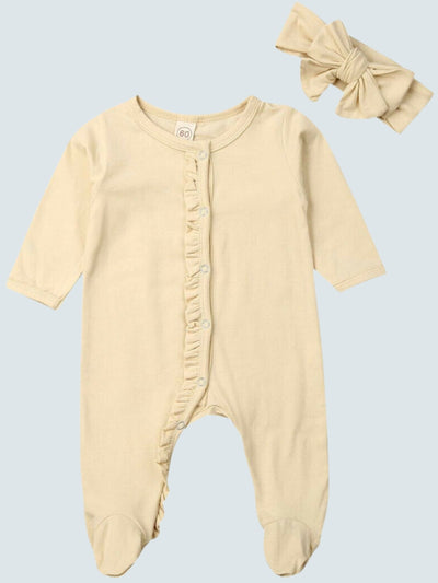 Baby Ready To Play Ruffle Jumpsuit Onesie With Bow Headband Set