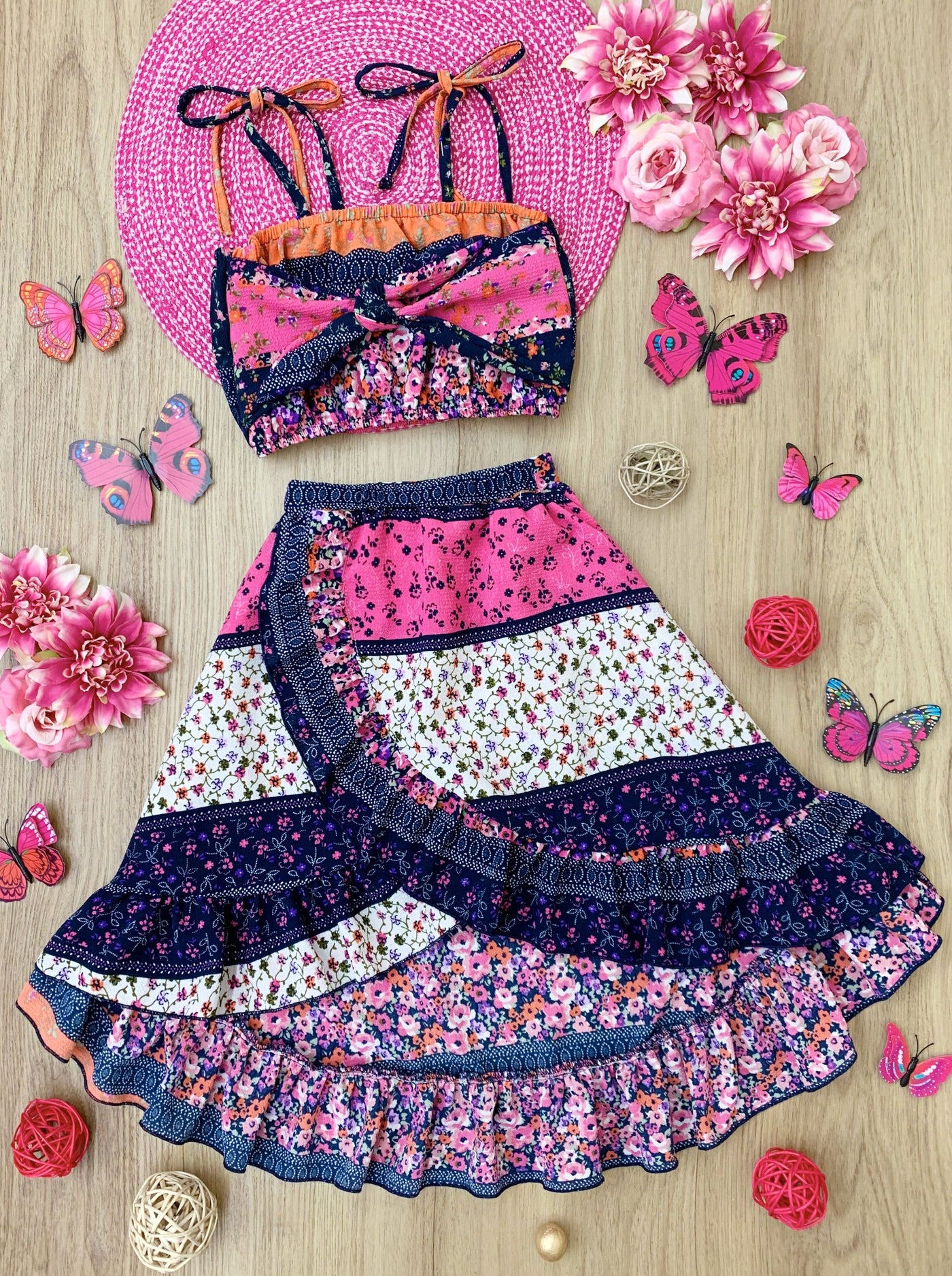 Girls Spring Floral Crop Top & Hi Lo Wrap Skirt Set - Mia Belle Girls