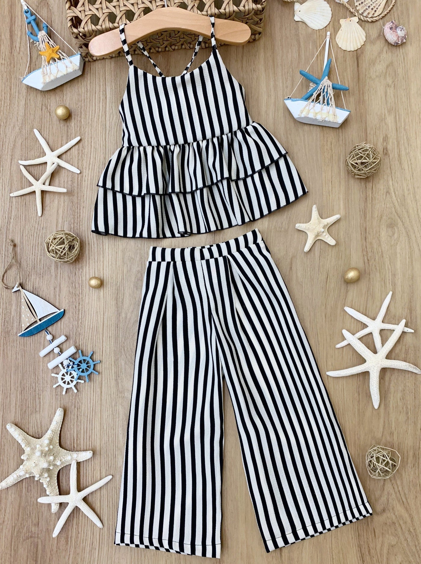 Toddler Spring Outfits | Girls Striped Double Ruffle Top & Pants Set