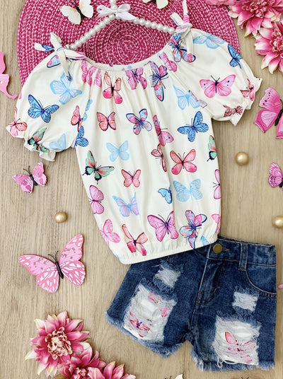 Girls Spring Outfits | Butterfly Top & Patched Denim Shorts Set