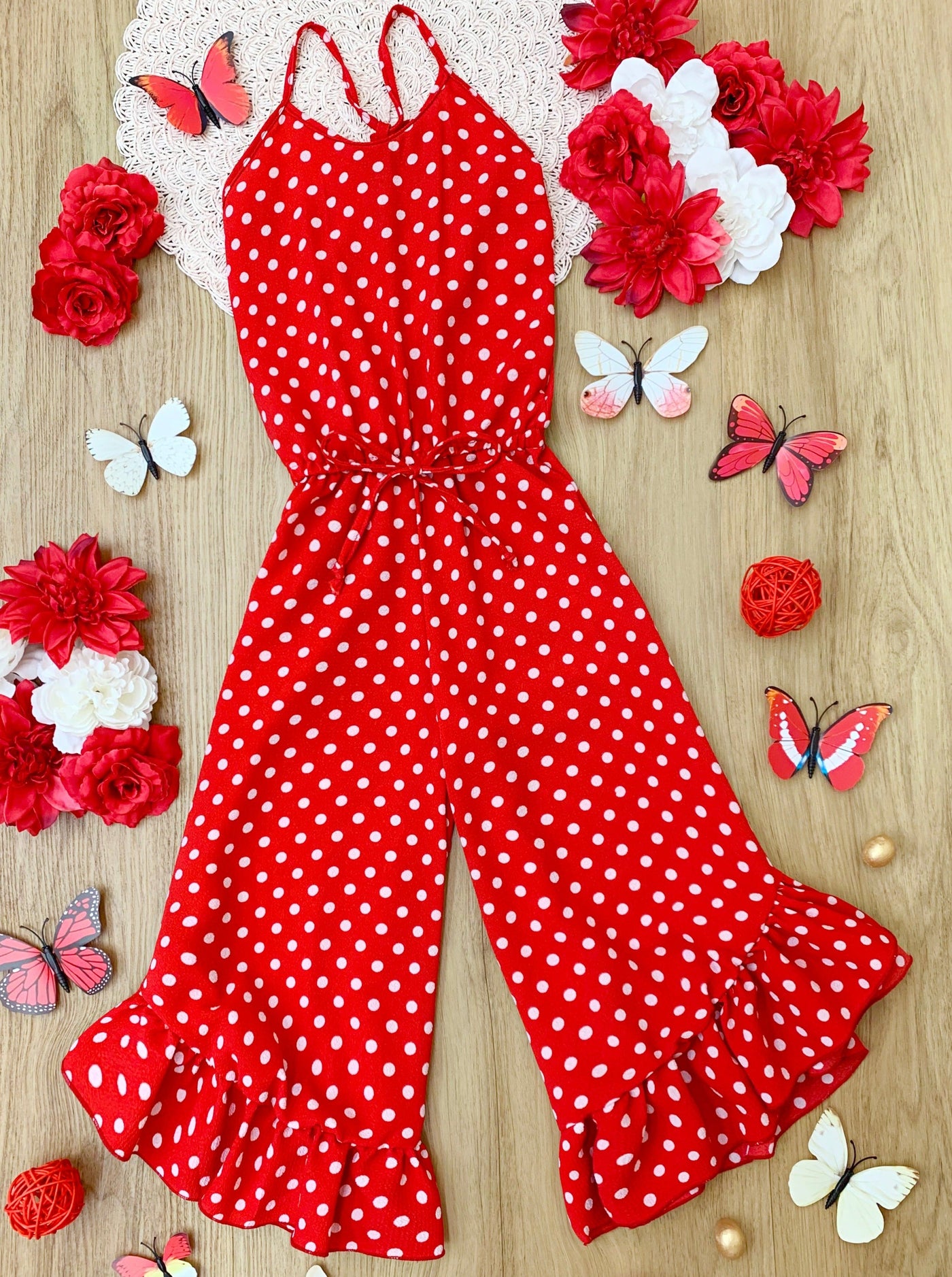 Little Girls Jumpsuits | Red Polka Dot Halter Ruffle Hem Jumpsuit
