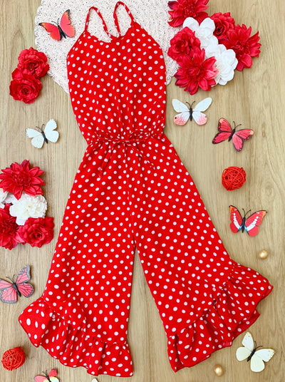 Little Girls Jumpsuits | Red Polka Dot Halter Ruffle Hem Jumpsuit