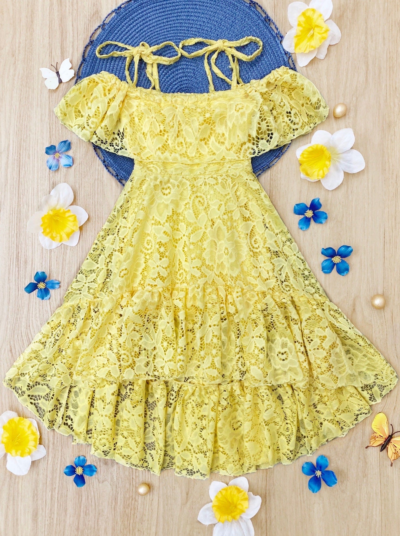 Toddler Spring Dress | Girls Yellow Cold Shoulder Maxi Lace Sundress