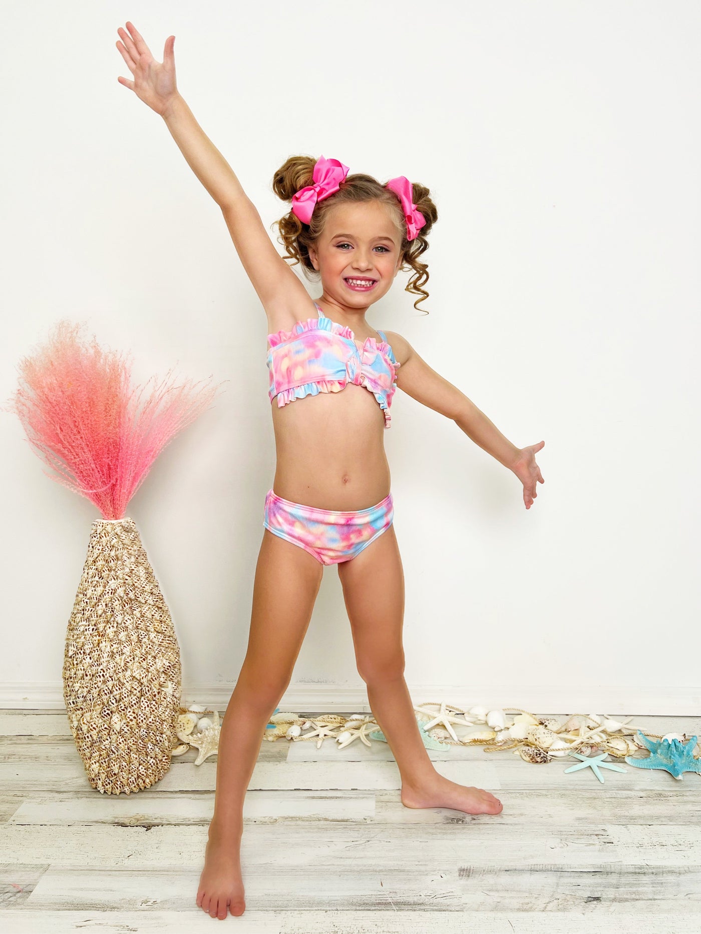 Kids Swimwear | Tie-Dye Pastel Rainbow Ruffle Three Piece Swimsuit