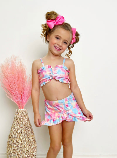 Kids Swimwear | Tie-Dye Pastel Rainbow Ruffle Three Piece Swimsuit