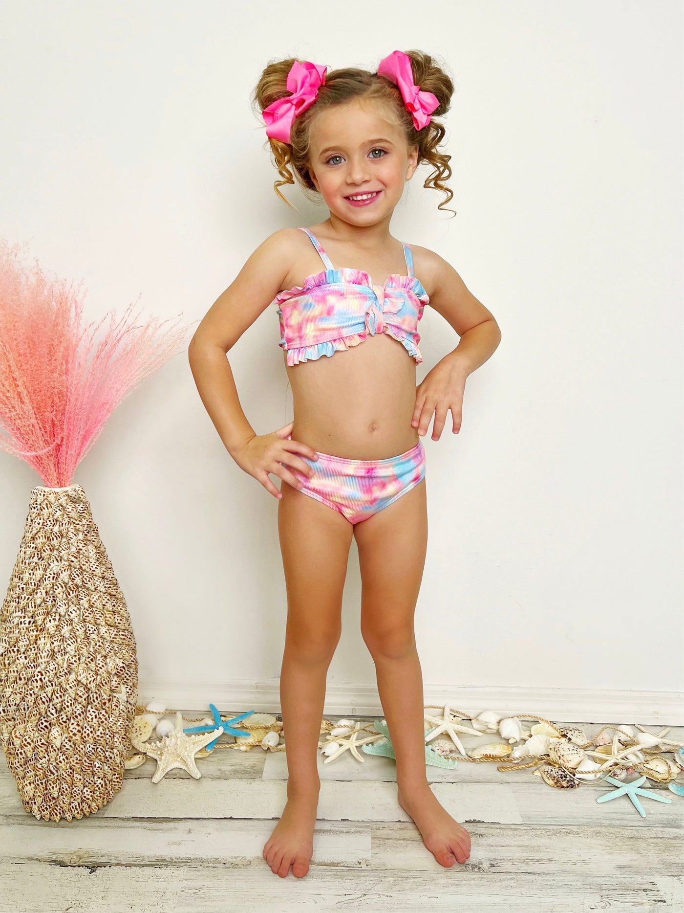 Kids Swimwear | Tie-Dye Pastel Rainbow Ruffle Three Piece Swimsuit