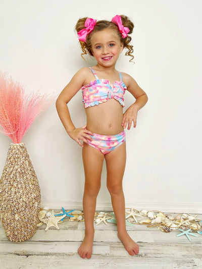 Kids Swimwear | Tie-Dye Pastel Rainbow Ruffle Three Piece Swimsuit
