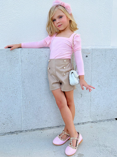 Toddler Everyday Fashion | Girls Pink Ribbed Top & Leather Shorts Set