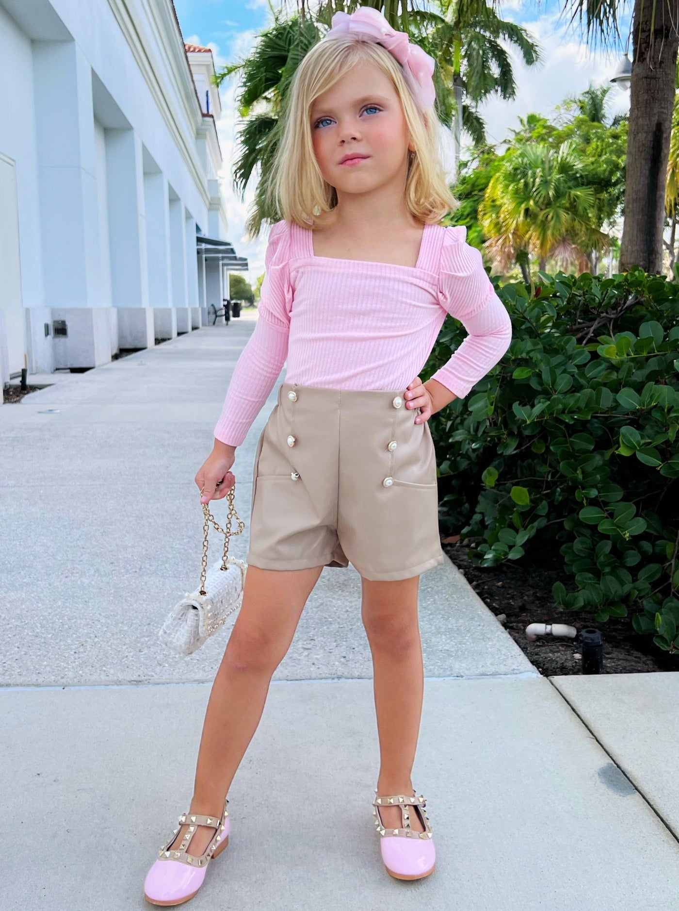 Toddler Everyday Fashion | Girls Pink Ribbed Top & Leather Shorts Set